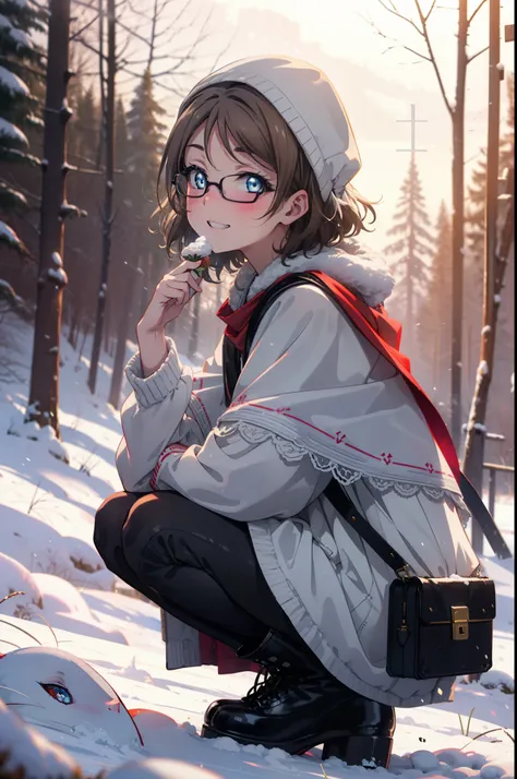 yo watanabe, yu watanabe, short hair, blue eyes, brown hair, smile, grin,mid-chest,black-rimmed glasses,
open your mouth,snow,gr...