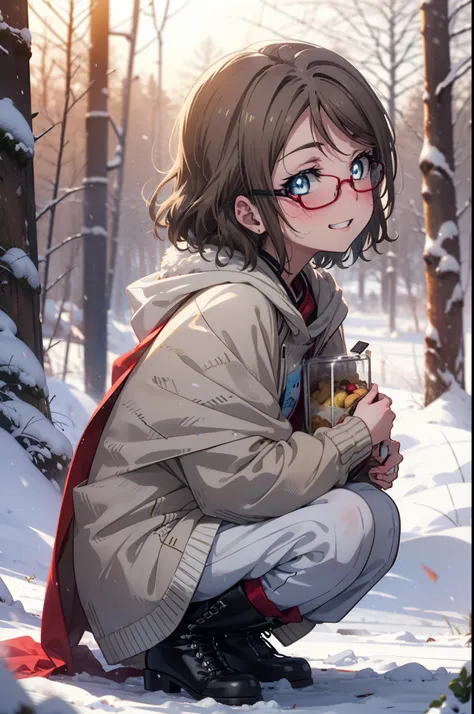 Yo Watanabe, Yu Watanabe, short hair, blue eyes, Brown Hair, smile, Grin,Mid-chest,Black-rimmed glasses,
Open your mouth,snow,Ground bonfire, Outdoor, boots, snowing, From the side, wood, suitcase, Cape, Blurred, having meal, forest, White handbag, nature,...