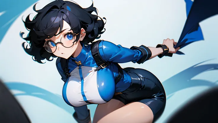 Cute girl, short curly black hair, round glasses, blue eyes, big breasts, short pants.