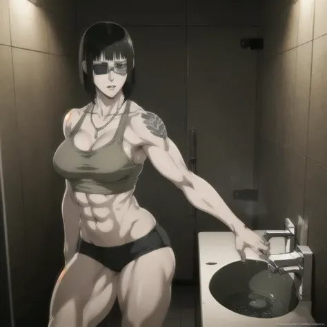 (best quality,ultra-detailed,realistic:1.37),musclaur badass girl with sculpted body with preview her musclaur body and six-pack, full review of the female characters face and body, intense expression,studio lighting, vivid colors, physiologically-based re...