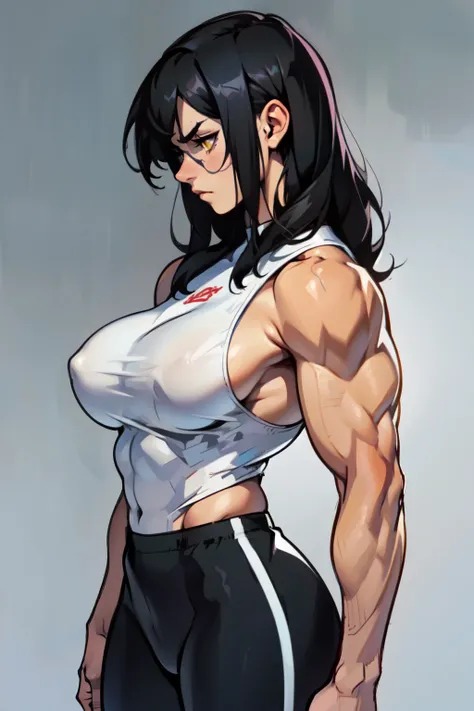 girl muscles large breasts black hair yellow eyes expressionless sad