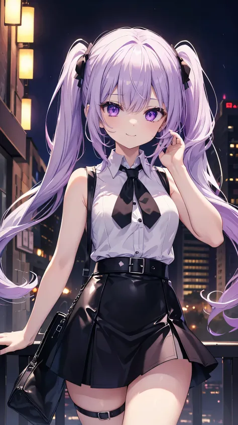 (8k、Best image quality、Highest quality、masterpiece)、Detailed face、 One girl、Light purple hair、short twintails、Purple eyes、evil smile、Moderate breasts、((White collared shirt))、((sleeveless))、((black leather skirt))、Cowboy Shot、building、Night view background