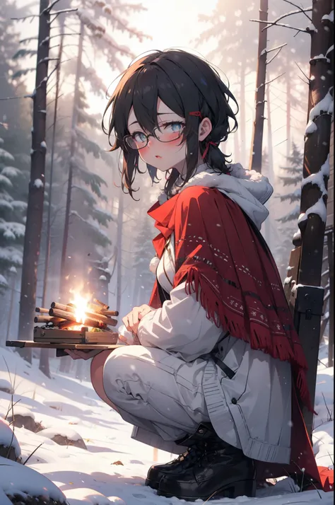 Shino Asada, Shino Asada, (black eye:1.5), Black Hair, Hair between the eyes, Hair Ribbon, short hair, Side Lock, Glasses, (Small breasts:1.2),blush,White Breath,
Open your mouth,snow,A bonfire on the ground, Outdoor, boots, snowing, From the side, wood, s...