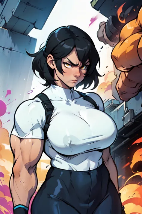 girl muscles large breasts black hair yellow eyes disappointed disdain disgusted annoyed