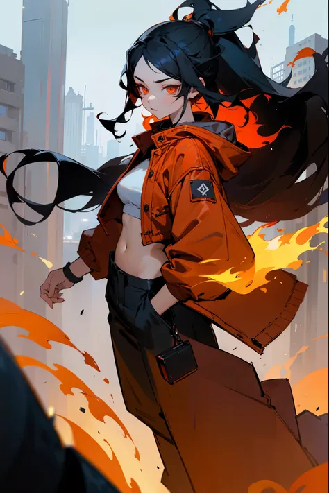 1female, black hair, long flowing hair, flaming hair, red-orange eyes, deep red jacket, white croptop, black baggy pants, city b...