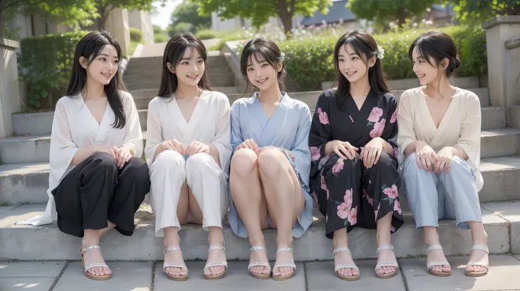 （8k、超High resolution、masterpiece、Anatomically correct、Textured skin、High resolution、Highest quality、High resolution、Professional Lighting、）Four happy girls were sitting on the stone steps, Take a full body photo、Laughing happily、彼女はyukataを着ていた, ビーチSandals,...