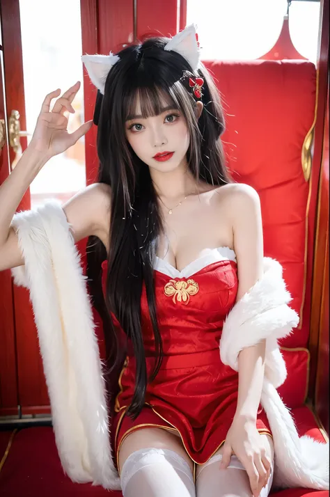 cheshire cosplay costume, cosplay, dress, chinese clothes, thighhighs, fur capelet, cat ears, hair ornament, red high heels beau...