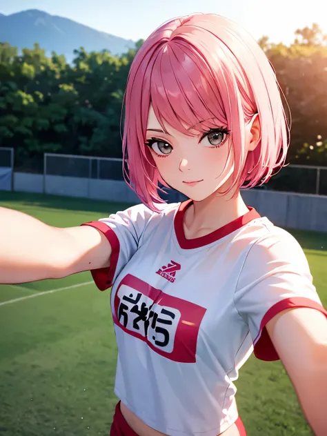 1 woman,selfie,pink hair Focus on the face,,short hair,White sports t-shirt, red sports shorts,gray eyes,standing, at the training ground, early morning, bright sun, ultra detail,close up photo,Looking at the viewer 