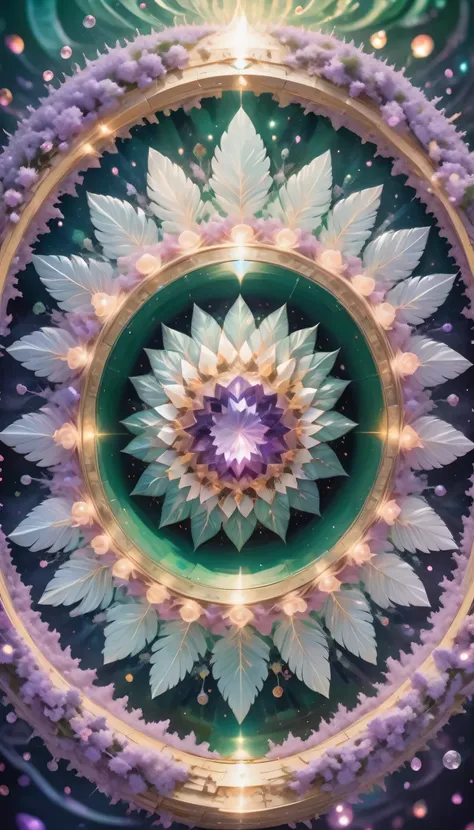 large geometric shapes, mandala sacral geometry made of lilac petals, hypnotize, performer, golden ratio in the center of the im...