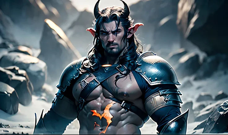 ((masterpiece)), ((best quality:1.2)), High Resolution, 8k, (ultra_realistic:1.3), (photorealistic:1.4), highly detailed, ((1boy)), (close up) ((((very attractive manly incredibly muscular dangerous tiefling general)))), (((dull dark blue skin))), ((long b...