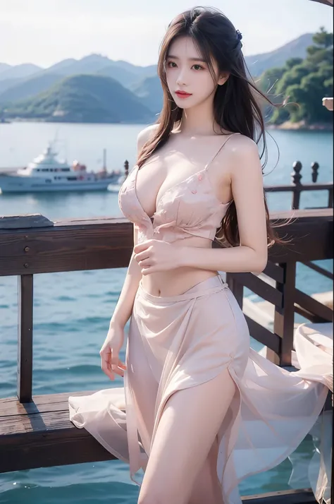 ylj, Beauty, beautiful女人，Have a perfect body：1.4，Layered Hairstyle，((Large Breasts)), ((D cup)), Visible cleavage，Bare shoulders, Highly detailed face and skin texture，Double eyelids，Skin Whitening，Long hair，Whitening long legs，Standing by the sea, Fashion...