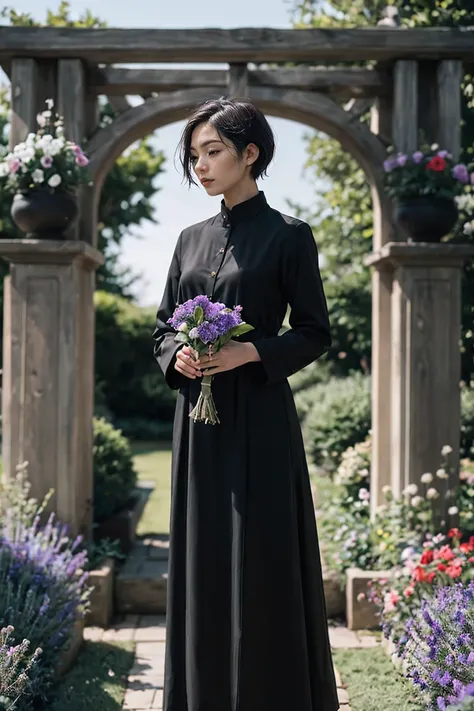 shot by Sony a7 IV Mirrorless Camera, natural light, analog film photo, Kodachrome ,A realistic depiction of a short-haired woman dressed in modest, elegant clothing, standing gracefully in a garden filled with black flowers. The dark petals contrast beaut...