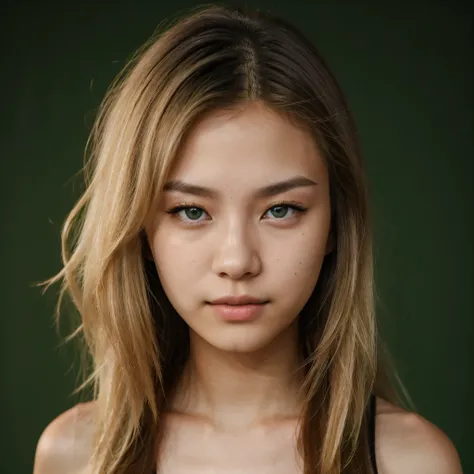 Line green screen in background. an eye contact of a blond with shoulder length hair and dark theme. Half American half chinese really cute, 18 years old, soft skin