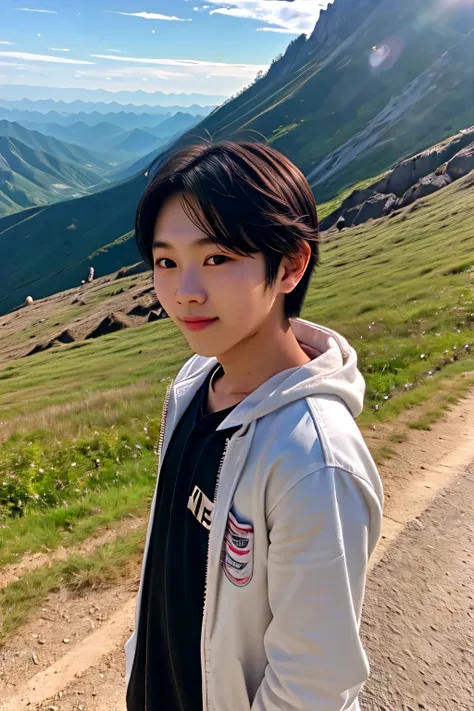 A cute Korean boy age 15 years old extreme cute, mountain behind the scenes rany season 