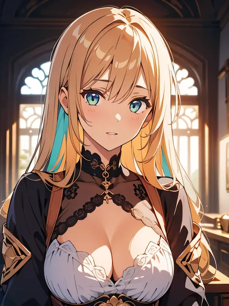 (masterpiece, top quality, best quality, official art, beautiful and aesthetic:1.2),(1girl:1.4),upper body, navia, blonde hair, deep cleavage, portrait,,extreme detailed,(fractal art:1.3),(colorful:1.5),highest detailed,(aristocracy:1.5),