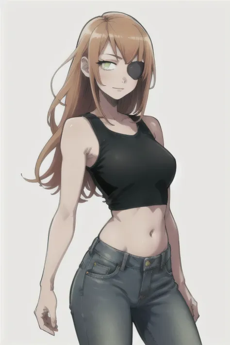 (masterpiece, Best quality, a high resolution:1.4), detailed, complex parts, 4K,
cz2128 delta, green eyes, eye patch, 1 Girl, throw in a crop top and jeans, front, close, I look at the viewer, parted lips, A slight smile,
 