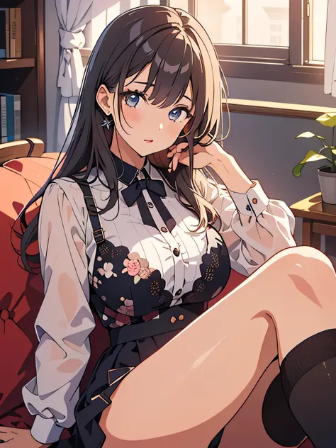 (masterpiece, best quality, 1girl, solo, intricate details, chromatic aberration), beautiful, detailed face, delicated eyebrows, beautiful red lips, high detailed eyes,High detailed , hips up shot, wearing black lace blouse with blue buttons