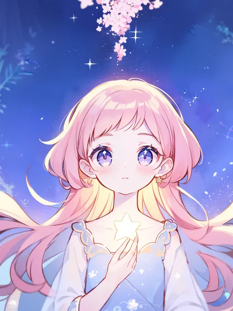 complex background, wishing star background, blue lilac hair, magical girl wearing an ethereal mystical pink translucent dress that reflects the stars, close up, sparkling detailed eyes, golden ratio face, perfect composition, complex drawing, highly detai...