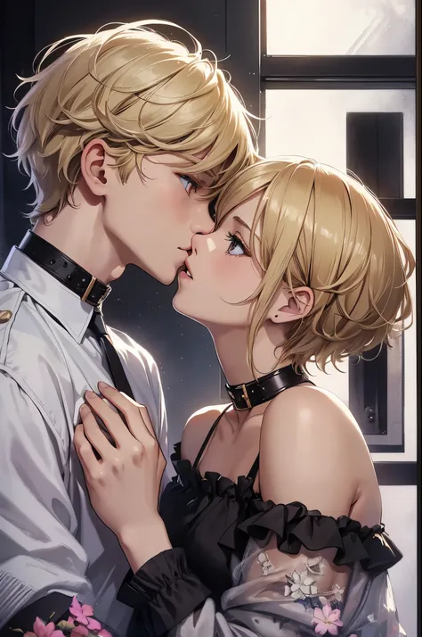 (Highest quality, Super detailed, Indoor Scene, High resolution, masterpiece:1.2), Portraiture, Detailed faces and features, Boy couple 1.8, ((One boy:Blonde Short Hair)), ((One boy:Black short hair 1.8)),((boys Kissing scene 1.8)),Girly boy, Tomboy, Girly...