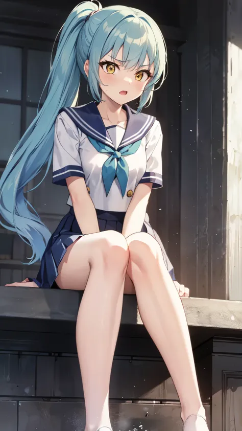 feet,ponytail,sit on,embarrassing,rage,light blue hair,yellow eyes,(sailor suit),pleated skirt,three white eyes