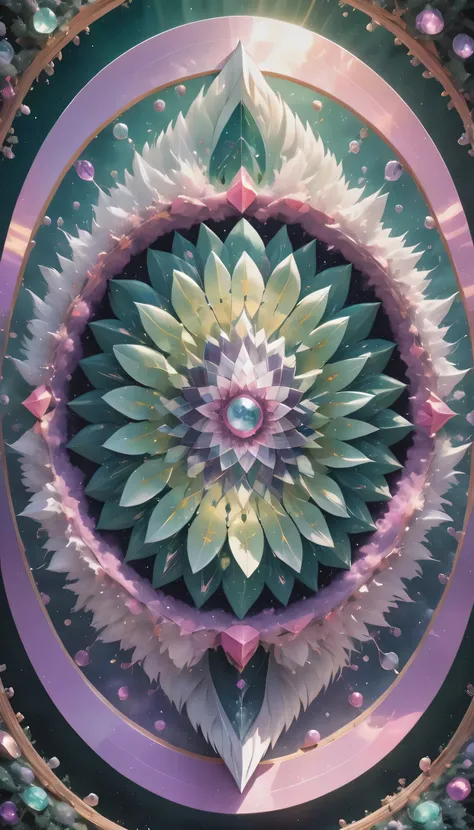 large geometric shapes, mandala sacral geometry made of lilac petals, hypnotize, performer, golden ratio in the center of the im...