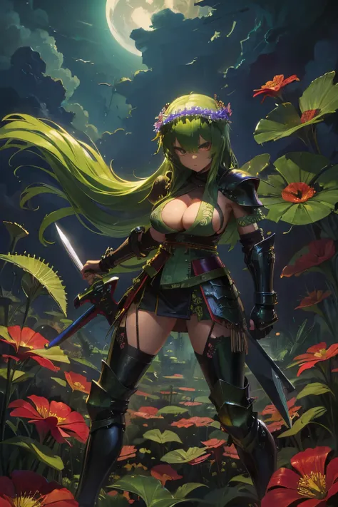 Highest quality,masterpiece,Ultra-high resolution,Flowers on the head,Green Hair,Carnivorous plants,Cloudy eyes,Ninja,One-handed sword,Long Hair,Flytrap,leather armor,Gloomy,Big Tits,