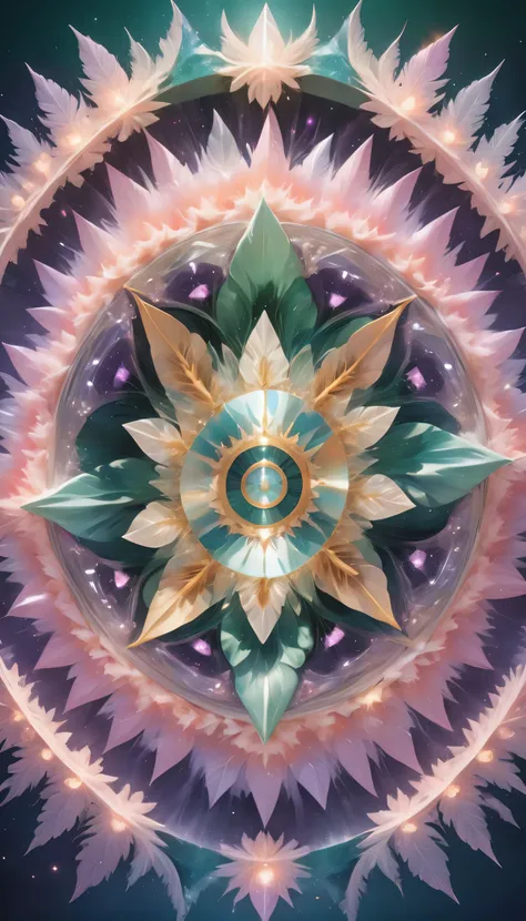 Large geometric shapes, Mandala Sacral Geometry Made of Lilac Petals, Hypnotize, performer, Golden ratio in the center of the image, Flying over a landscape made of Swarovski fractal crystals, Shining mosaic pattern, Centered, Sharp focus, Perfect composit...