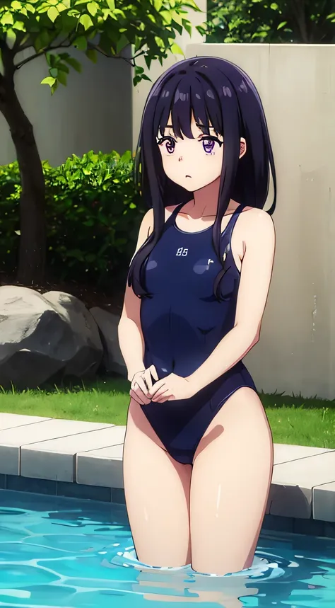 (masterpiece、Highest quality、In 8K、High resolution:1.2)、alone、One Girl、  Takina Inoue、Feeling embarrassed、blush、Purple Eyes、Look at the viewers、whole body、Navy blue swimsuit、Dark blue racing swimsuit、Glossy body、Wet body、Daytime、Poolside、Low - Angle