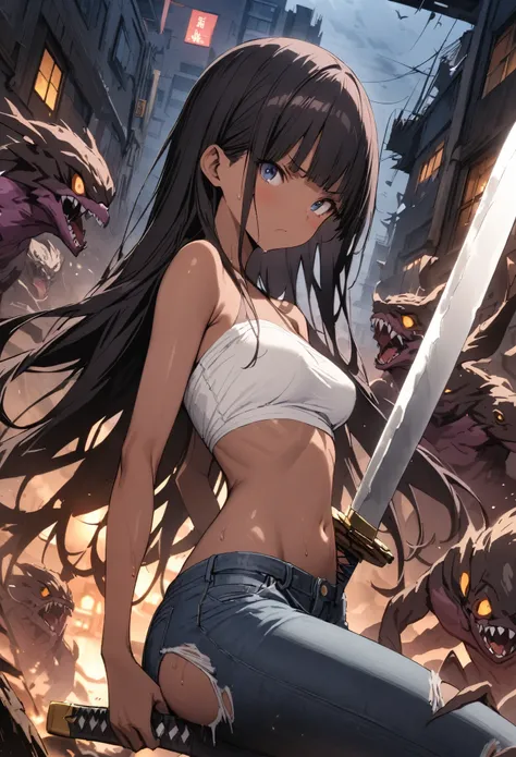 Many monsters attack、(((masterpiece, Highest quality:1.3,absurdres))),nsfw,25 year old beauty,solo,((very small head:1.3)),long hair,bangs,dark blue hair,dark blue eyes,gorgeous eyes,Serious expression、medium breasts,((very long body:1.2)),((toned body,sle...