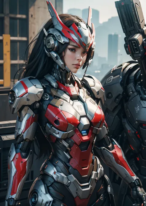 Textured skin, Super Detail, high details, High quality, Best Quality, hight resolution, 1080p, hard disk, Beautiful,(War Machine),(head gear),(full bodyesbian),beautiful cyborg woman,Mecha Cyborg Girl,Battle Mode,Girl with a Mecha Body,She wears a futuris...