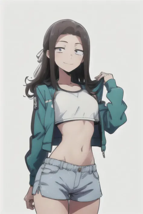 One, 1 Girl, I look at the viewer, 2d, anime, anime coloring, (Solid white background:1.3), Saegusa monkey, , jacket, tie in crop top and shorts, I look at the viewer, smile