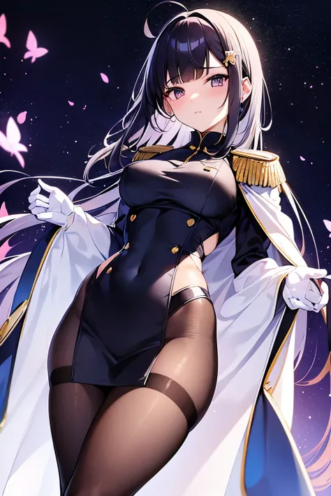 masterpiece, best quality, absurdres, YamashiroRen, blunt bangs, hair ornament, YamashiroRen, blunt bangs, hair ornament, military uniform, epaulettes, white gloves, red cape, black pantyhose, (humble masterpiece), 2d, sketch, sweet, light particles, (blue...