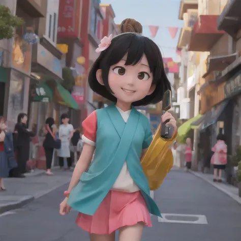 araffe girl walking down the street with a cell phone in her hand, chiho, harumi, nanae kawahara, sui ishida, yasumoto oka, kinu nishimura, junko enoshima, kiyoko suzuki, rinko kawaichi, aoi ogata, nishihara isao, shiori teshirogi(masterpiece, best quality...
