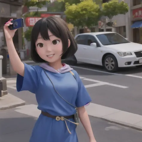 araffe girl walking down the street with a cell phone in her hand, chiho, harumi, nanae kawahara, sui ishida, yasumoto oka, kinu nishimura, junko enoshima, kiyoko suzuki, rinko kawaichi, aoi ogata, nishihara isao, shiori teshirogi(masterpiece, best quality...