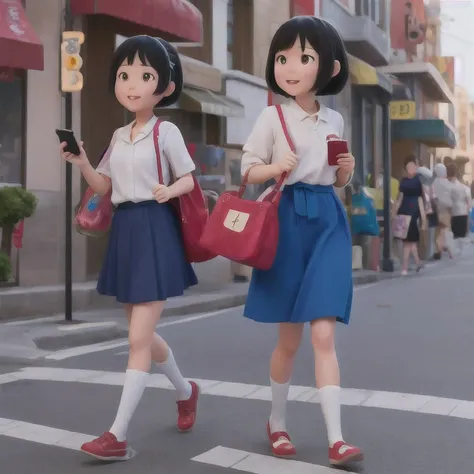 araffe girl walking down the street with a cell phone in her hand, chiho, harumi, nanae kawahara, sui ishida, yasumoto oka, kinu nishimura, junko enoshima, kiyoko suzuki, rinko kawaichi, aoi ogata, nishihara isao, shiori teshirogi(masterpiece, best quality...