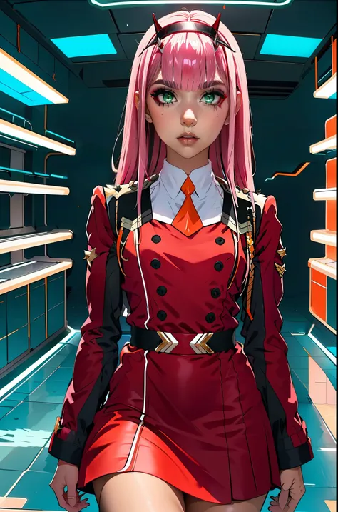 zero-two, long straight and shiny pink hair, small white tiara with two small red horns, (white tiara), straight bangs cover the...