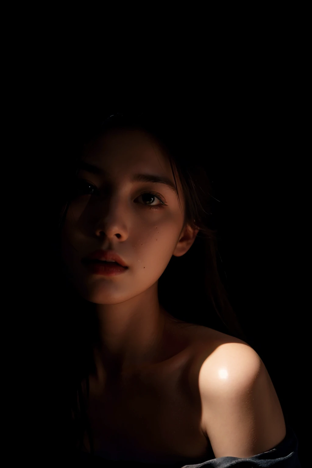 Best quality, masterpiece, ultra high res, (photorealistic:1.4), raw photo, 1girl, offshoulder, in the dark, deep shadow, low key, cold light, chiaroscuro