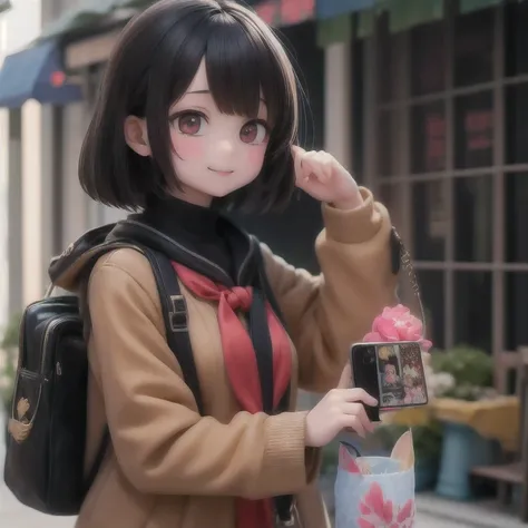 araffe girl walking down the street with a cell phone in her hand, chiho, harumi, nanae kawahara, sui ishida, yasumoto oka, kinu nishimura, junko enoshima, kiyoko suzuki, rinko kawaichi, aoi ogata, nishihara isao, shiori teshirogi(masterpiece, best quality...