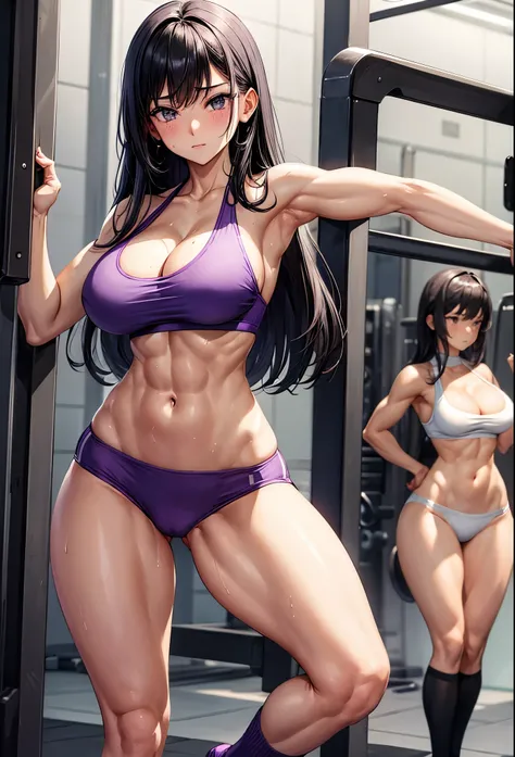 beautiful girl、Big Breasts、Black Hair、Long Straight、Great style、Nice body、Abdominal muscleuscular、Training Gym、Sports Bra、Light purple bra top、Cleavage、Light purple bikini pants、Beautiful buttocks、Toned Legs、Are standing、The whole body is visible、Sweaty sk...