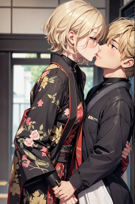 (Highest quality, Super detailed, Indoor Scene, High resolution, masterpiece:1.2), Portraiture, Detailed faces and features, Japanese Boy’s couple 1.8, ((One Japanese boy:Blonde Short Hair)), ((One Japanese boy:Black short hair 1.8)),((boys Kissing scene 1...