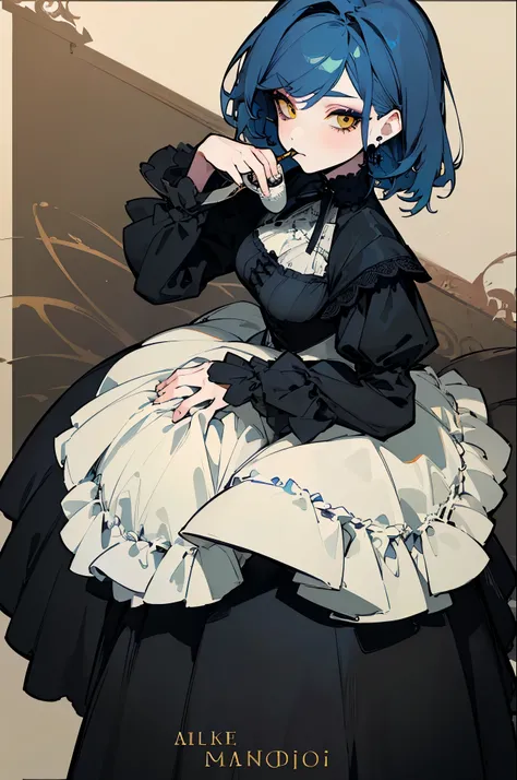 (Highest quality、masterpiece:1.2), ((Mature Woman))Huge , Adult face、Blue Hair、Both sides up、Yellow Eyes, (Dark eyeshadow、Lots of earrings) Gothic Dress, Black Dress, Victorian dress,Drinking tea