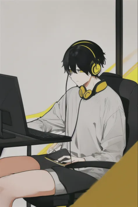 Adult male gamer、((Yellow headphones)), Sitting, Black Hair