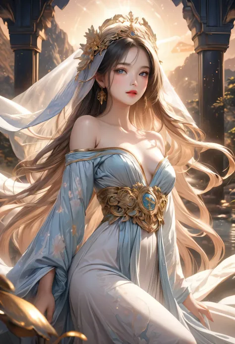 Fantasic Illustration, Masterpiece: 1.2, Highest Quality, Highres, 16k, Beautiful Detailed, Ultra-Realistic, Photo Realistic: 1.37, a beautiful and cute celestial maiden, take off  hanfu robes and veil (bare shoulder, bare chest, strapless), detailed whole...