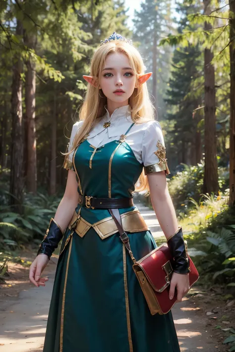 Elf,(8k, RAW Photos, highest quality, masterpiece:1.2),Super detailed,blonde,blue eyes,RPG,princess,battledress,moving,in forest