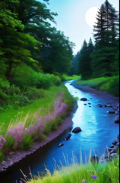 arafed view of a stream running through a field with a full moon in the sky, beautiful moonlight, soft blue moonlight, stunning moonlight and shadows, blue moonlight, beautiful moonlight night, moonlit night dreamy atmosphere, moonlit night, blueish moonli...