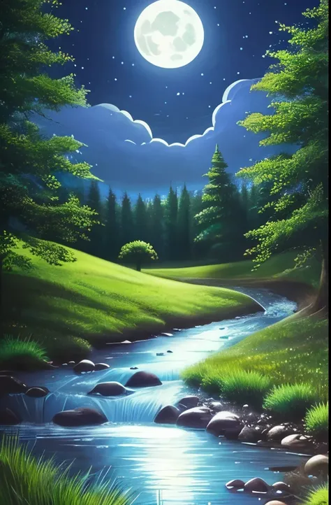 arafed view of a stream running through a field with a full moon in the sky, a matte painting by Jason A. Engle, flickr, conceptual art, beautiful moonlight, soft blue moonlight, stunning moonlight and shadows, blue moonlight, beautiful moonlight night, mo...