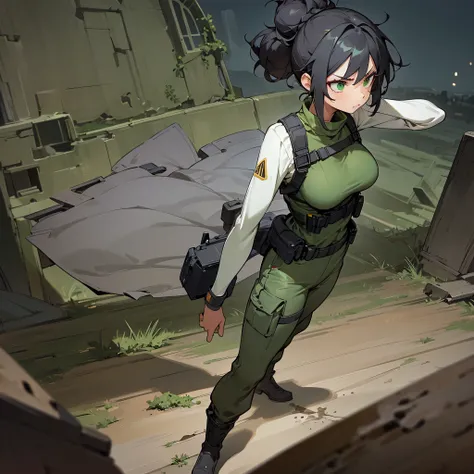 1female, young adult, tan skin, big breast, finely detailed green eyes, messy bun hair, black hair, army cap, combat pants, standing on ruined building, night time, serious expression