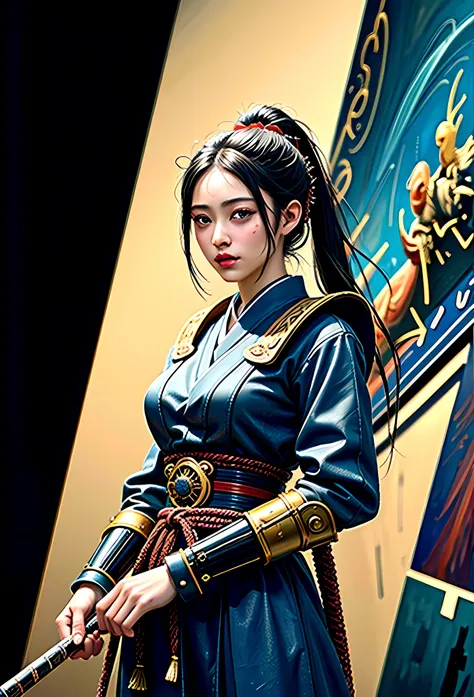 a picture of Japanese female samurai, she has long black hair, wearing samurai armor, armed with a katana, ready for battle, dynamic angle,, Japanese fantasy art, (Masterpiece: 1.5), 16k, highres, best quality, high details, ultra detailed, masterpiece, be...