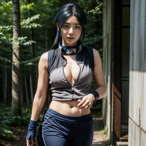 photorealistic, masterpiece, photorealistic, high resolution, soft light, hips up, cunt up, grey-light eyes, blue hair, long hair, Intricate details EABA, vest, white vest, pants, Ninja, Armor, Member belongs to Division 5, Hinata Hyuga, Konoha forest