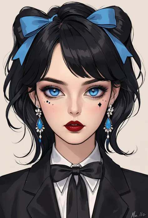 1girl,artist name,bangs,black bow,black bowtie,black hair,blue eyes,bow,earrings,facial mark,forehead mark,hair ornament,jewelry...